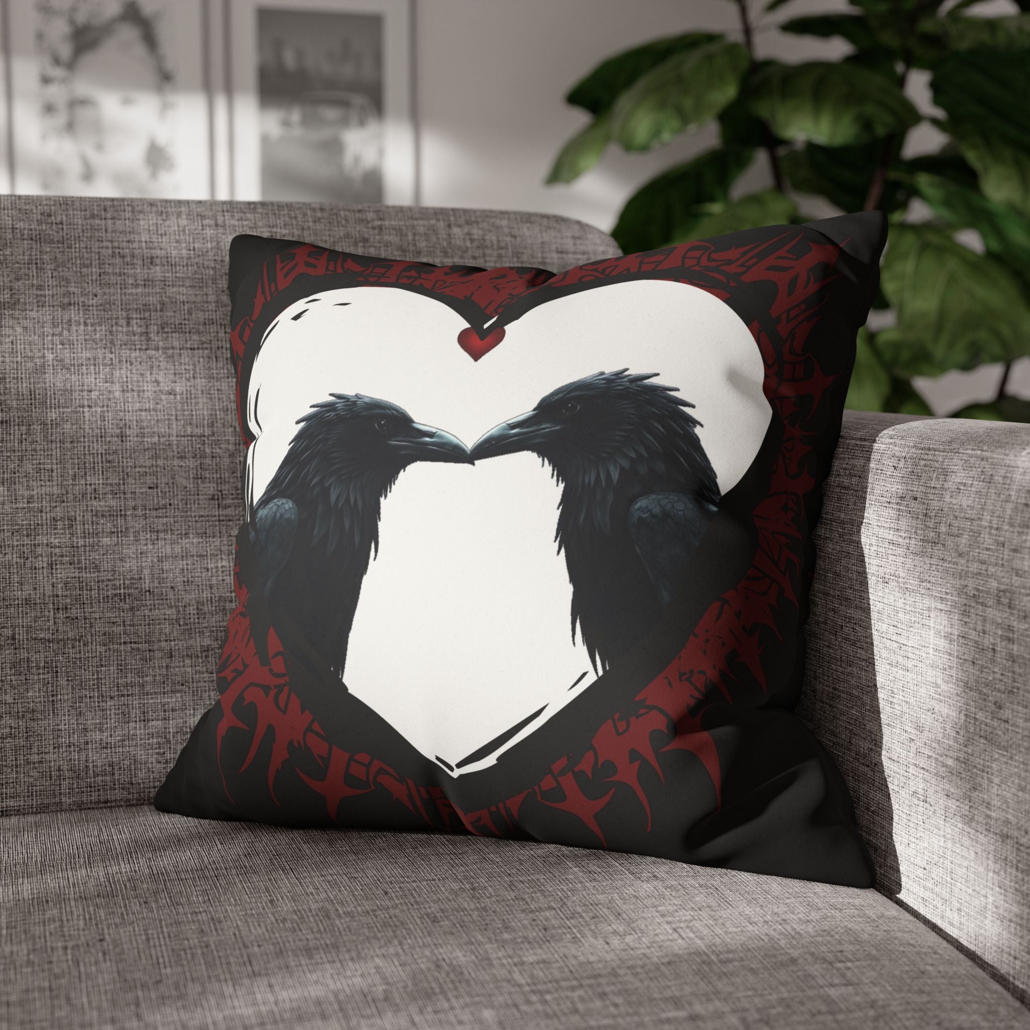 Gothic Ravens Love Heart Throw Pillow — Dark Valentine Gothic Home Decor