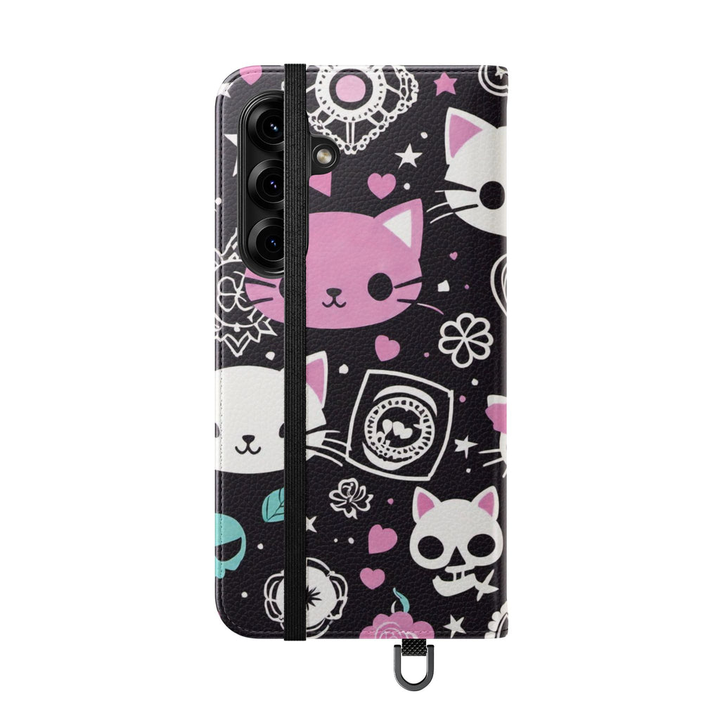 Pastel Goth Cat Flip Wallet Phone Case - Goth Cat Wallet Case for Samsung iPhone - Gothic Style Cats Wallet Phone Cases