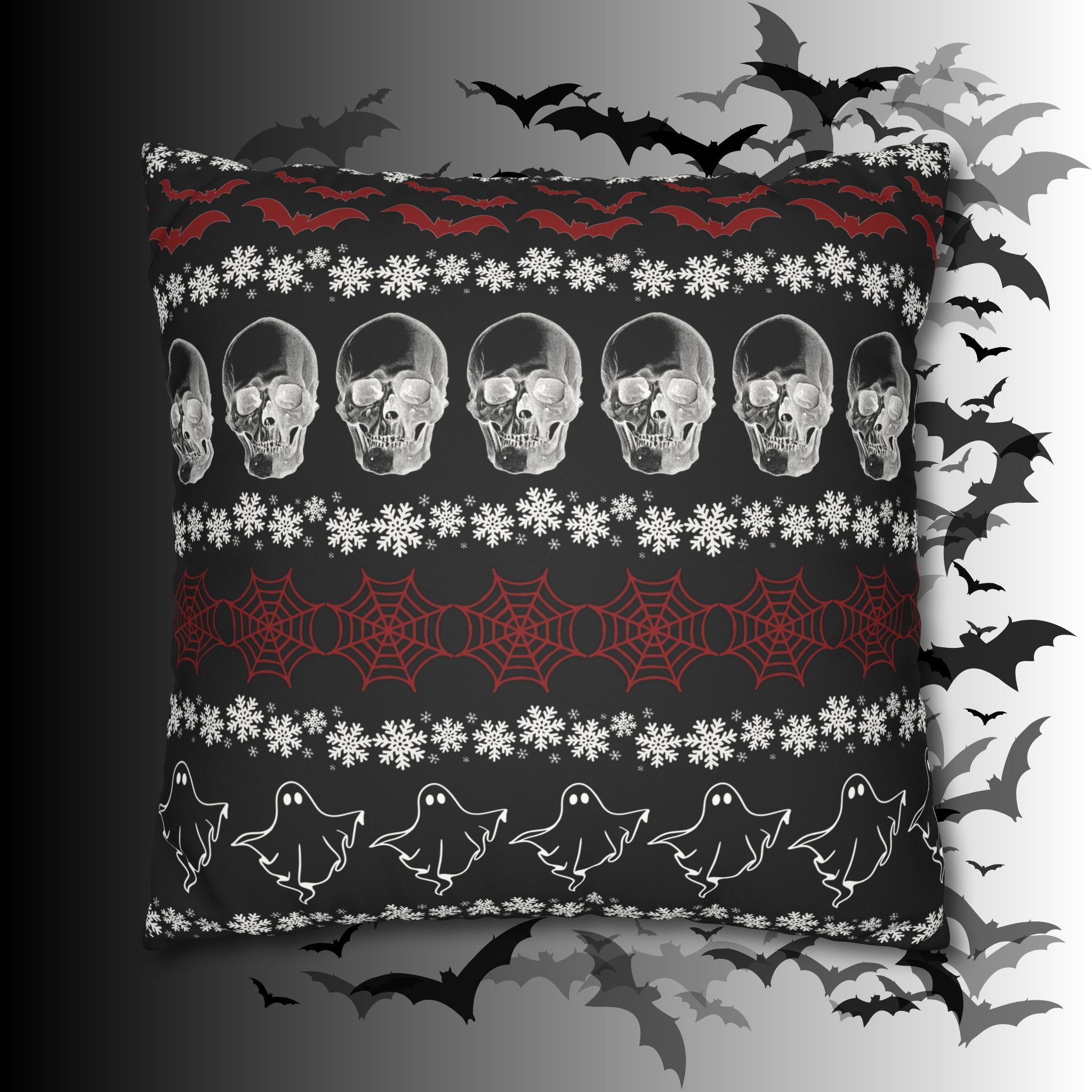Merry Creepmas Gothic Ugly Sweater Throw Pillow — Goth Holiday Dark Home Decor
