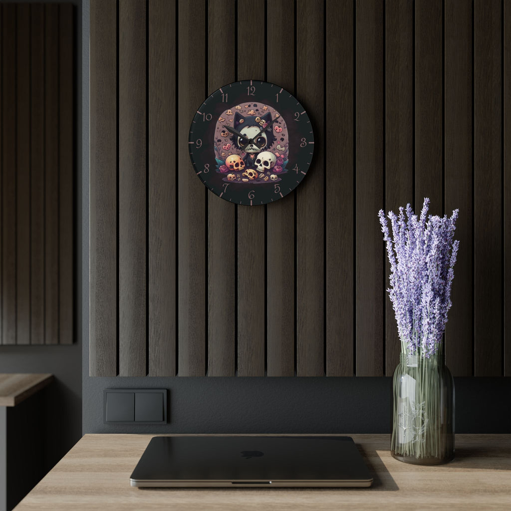 Skull Face Goth Cat Wall Clock — Pastel Goth Acrylic Art Print Home Decor