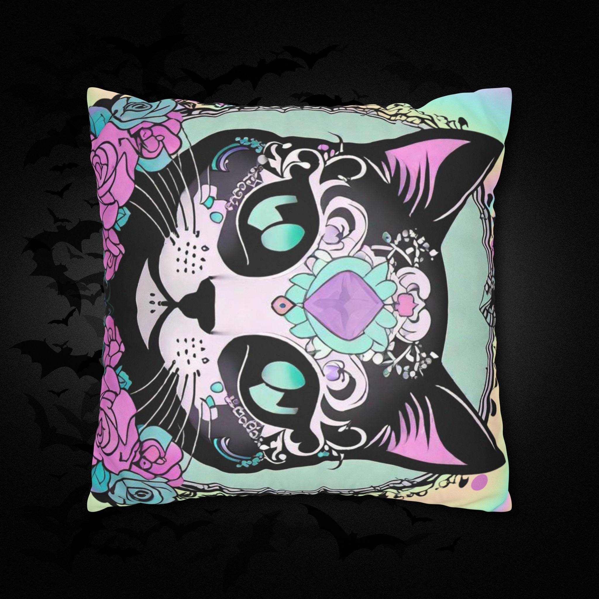 Pastel Goth Sugar Skull Cat Throw Pillow — Floral Gothic Home Decor