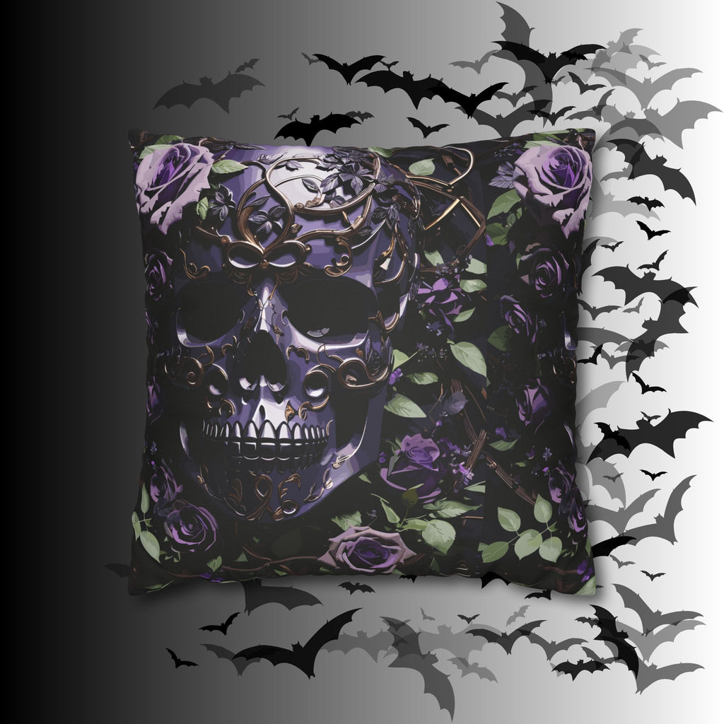 Gothic Black Purple Skull Throw Pillow — Dark Floral Botanical Home Decor