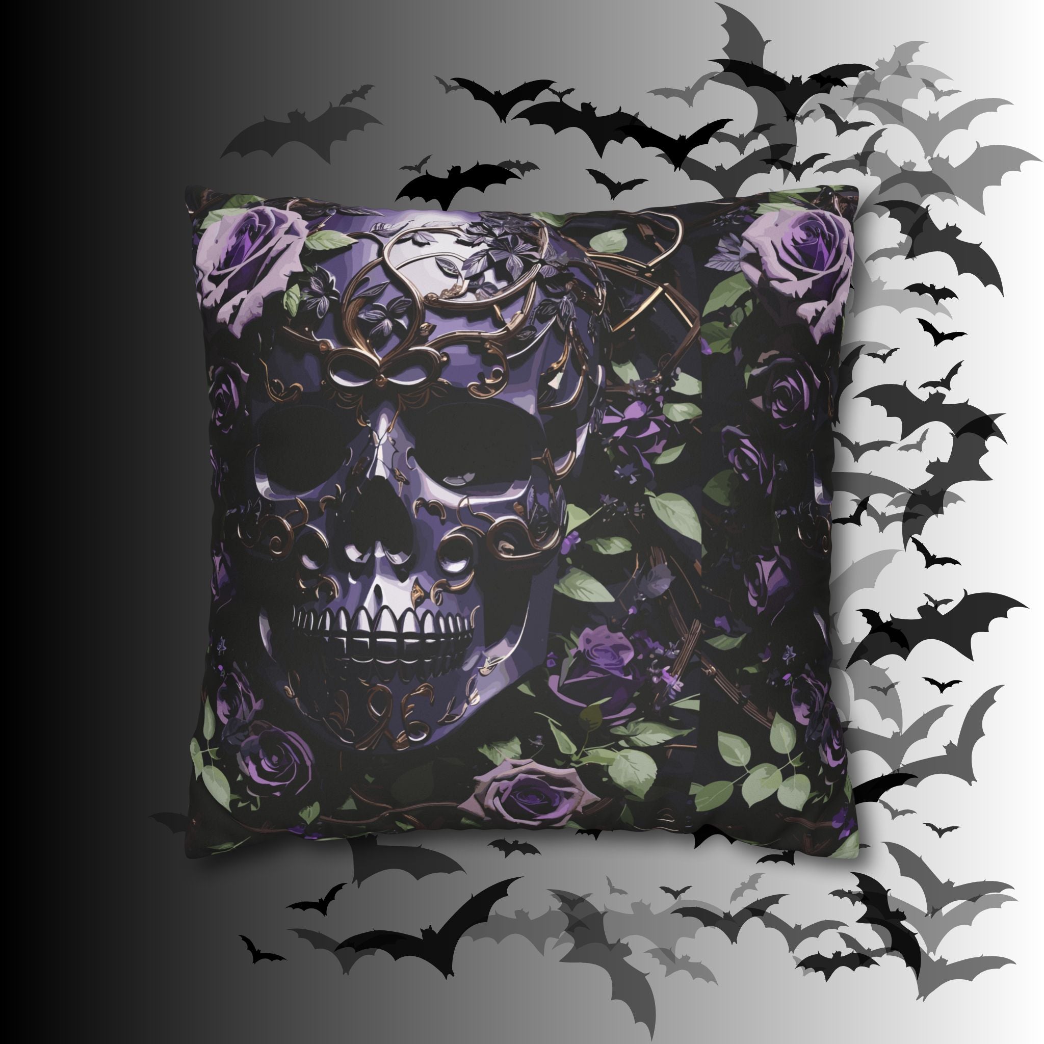 Gothic Black Purple Skull Throw Pillow — Dark Floral Botanical Home Decor