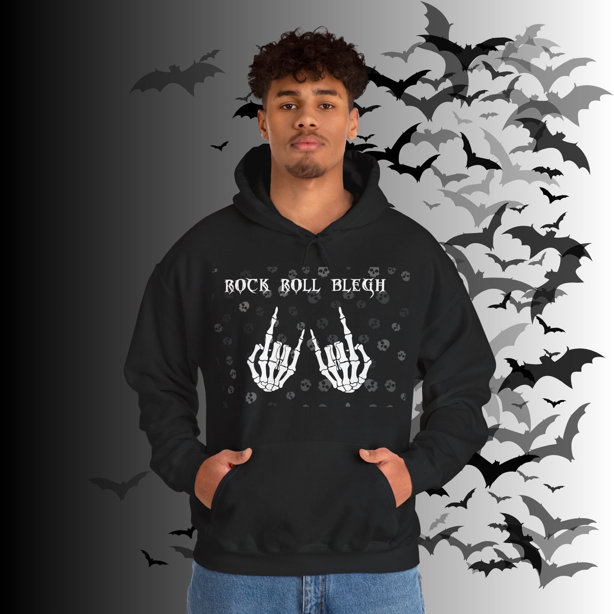 Rock Roll Blegh Hoodie — Skeleton Hands Gothic Music Pullover