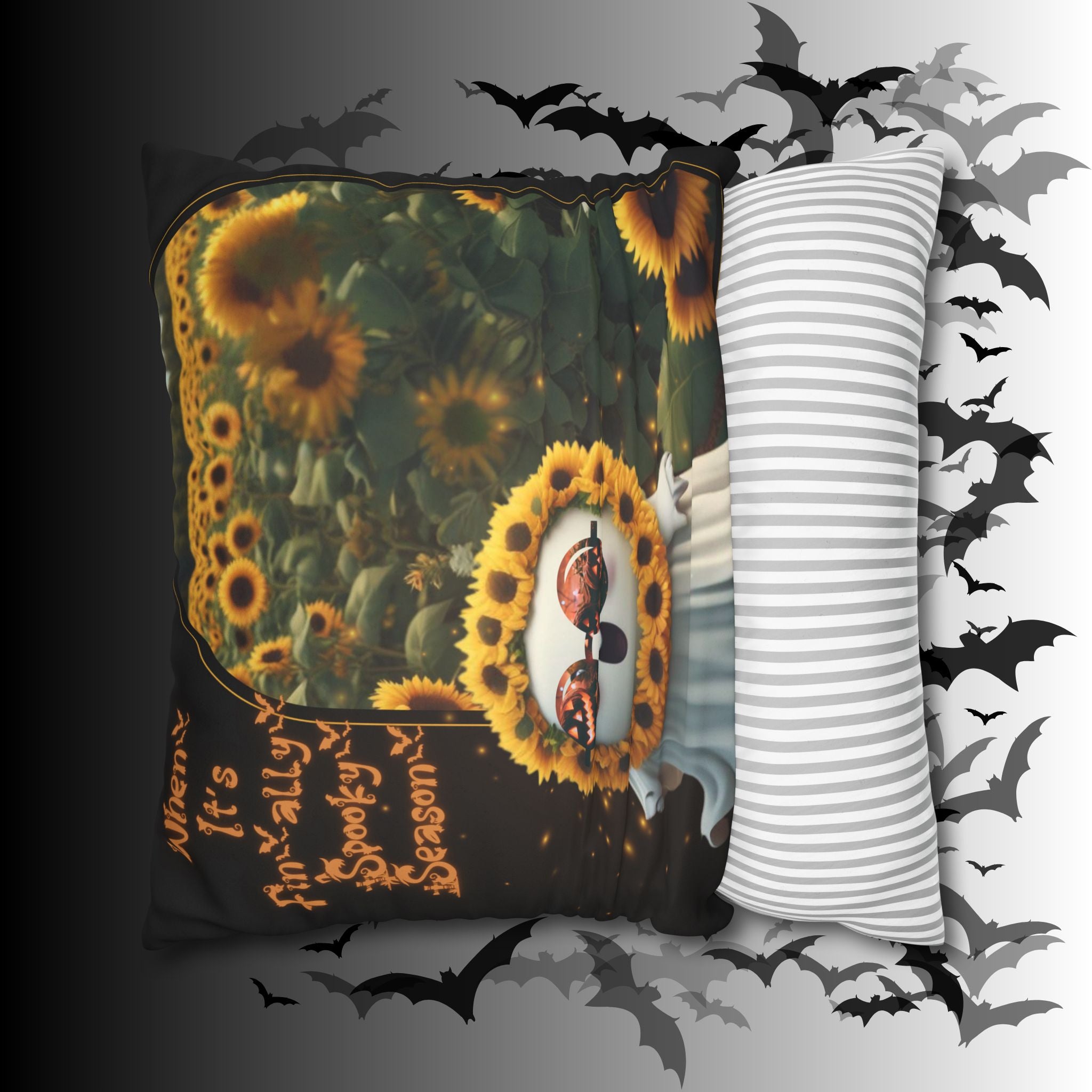 Spooky Season Ghost Sunflower Throw Pillow — Halloween Dark Home Decor