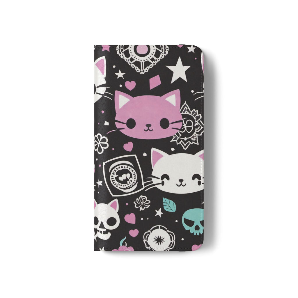 Pastel Goth Cat Flip Wallet Phone Case - Goth Cat Wallet Case for Samsung iPhone - Gothic Style Cats Wallet Phone Cases