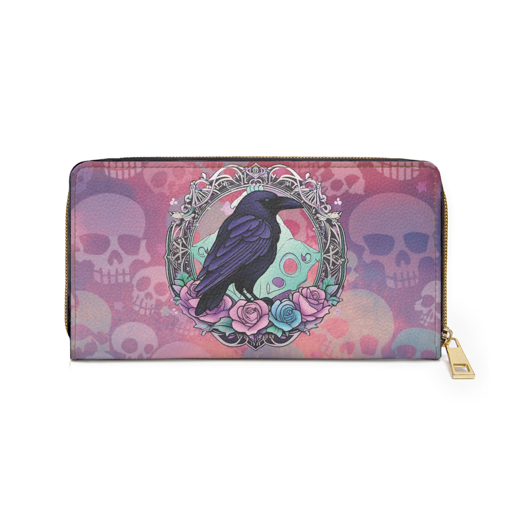 Pastel Goth Raven & Skull Wallet | Gothic Rose Faux Leather Zipper Clutch