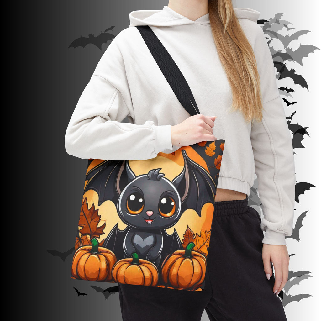Kawaii Bat & Pumpkin Halloween Tote Bag — Autumn Full Moon Print