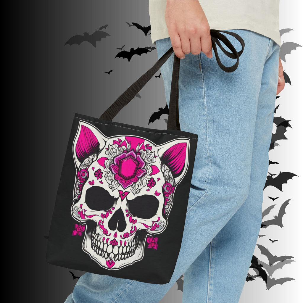Pink Sugar Skull Cat Tote Bag — Day of the Dead Floral Design