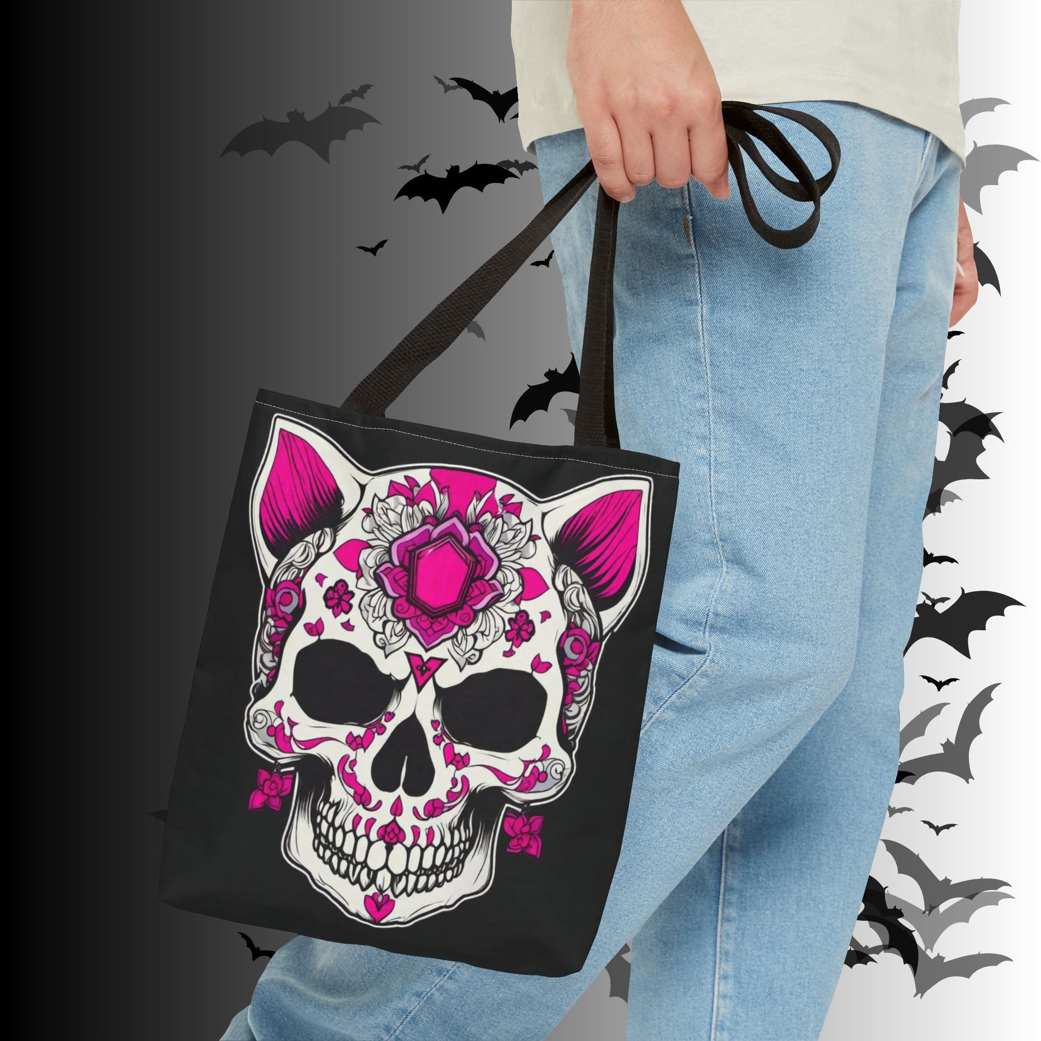 Pink Sugar Skull Cat Tote Bag — Day of the Dead Floral Design