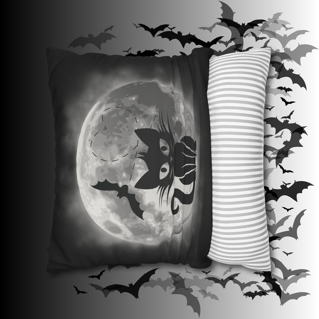 Gothic Black Cat Full Moon Throw Pillow — Bat Dark Home Decor