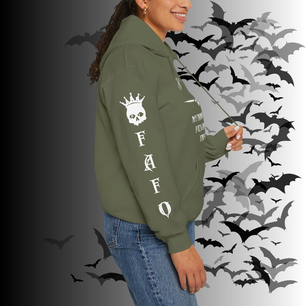 I Identify As a Threat Hoodie — Gothic Skull Sleeve Print FAFO Black