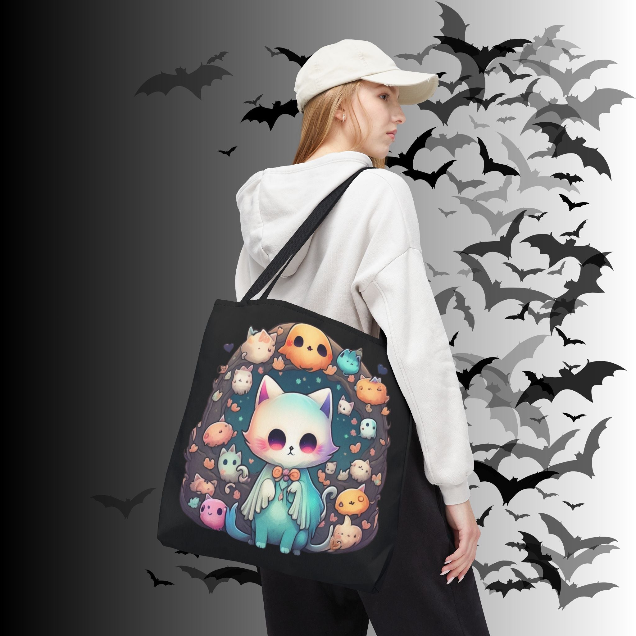 Pastel Goth Ghost Cat Tote Bag — Kawaii Spooky All-Over Print