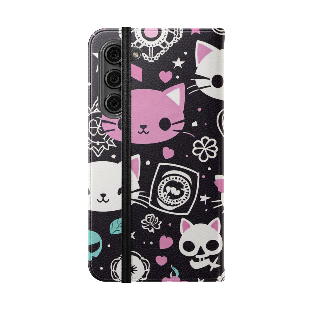 Pastel Goth Cat Flip Wallet Phone Case - Goth Cat Wallet Case for Samsung iPhone - Gothic Style Cats Wallet Phone Cases