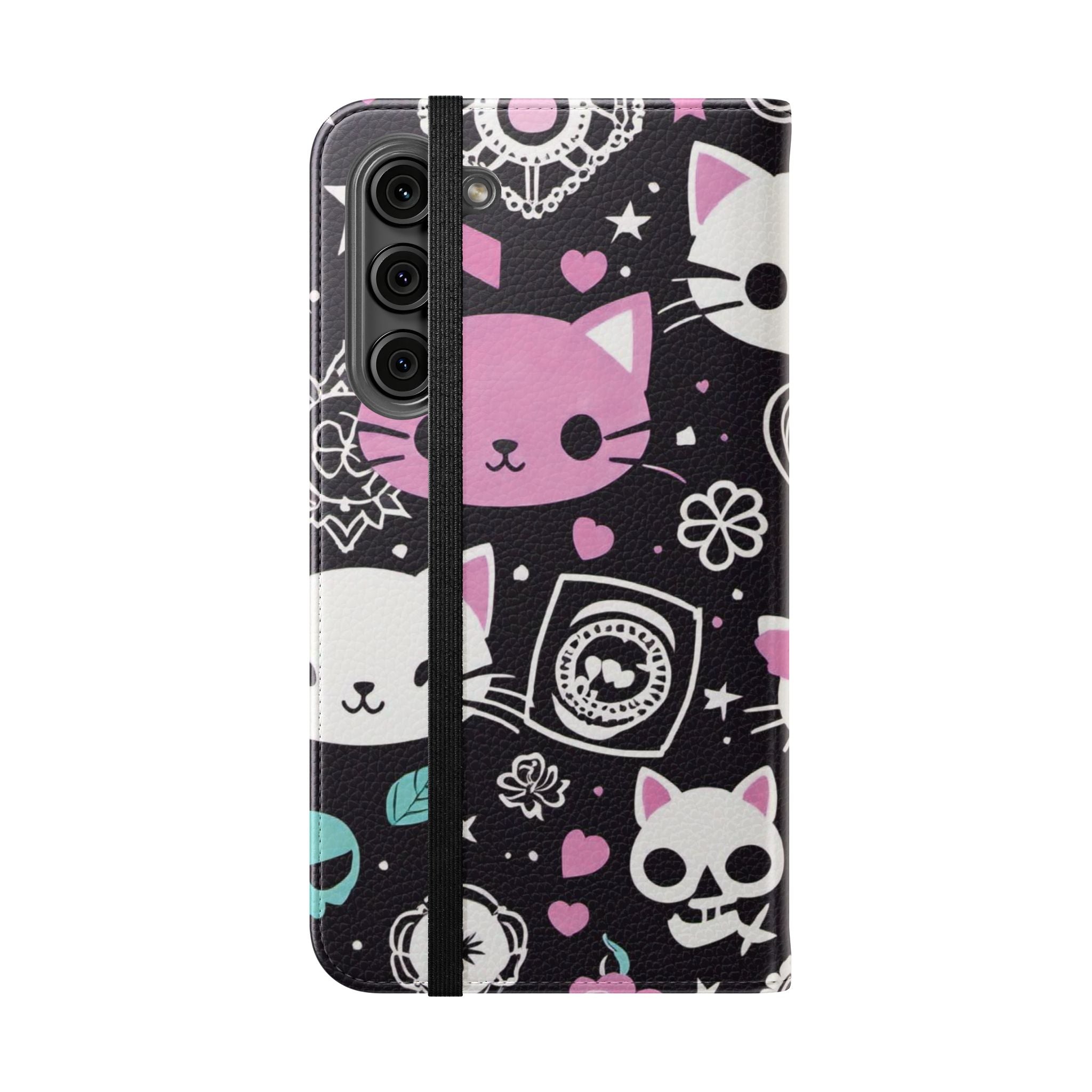 Pastel Goth Cat Flip Wallet Phone Case - Goth Cat Wallet Case for Samsung iPhone - Gothic Style Cats Wallet Phone Cases