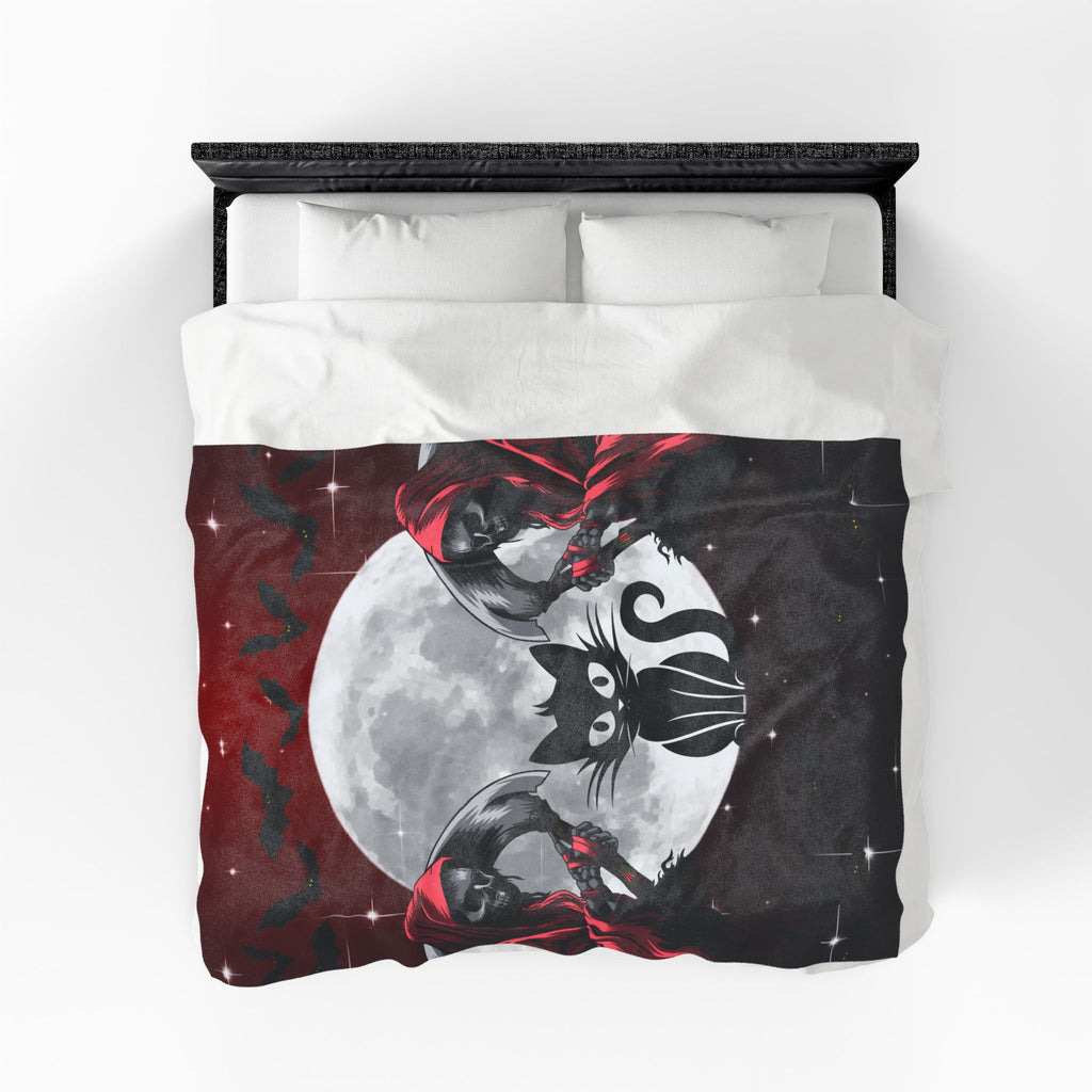 Gothic Black Cat Grim Reaper Throw Blanket — Moonlit Dark Home Decor