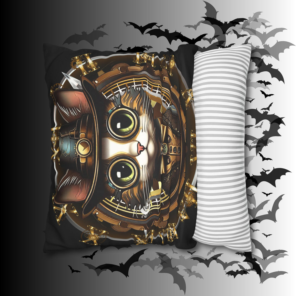 Steampunk Cat Throw Pillow — Vintage Industrial Gothic Home Decor