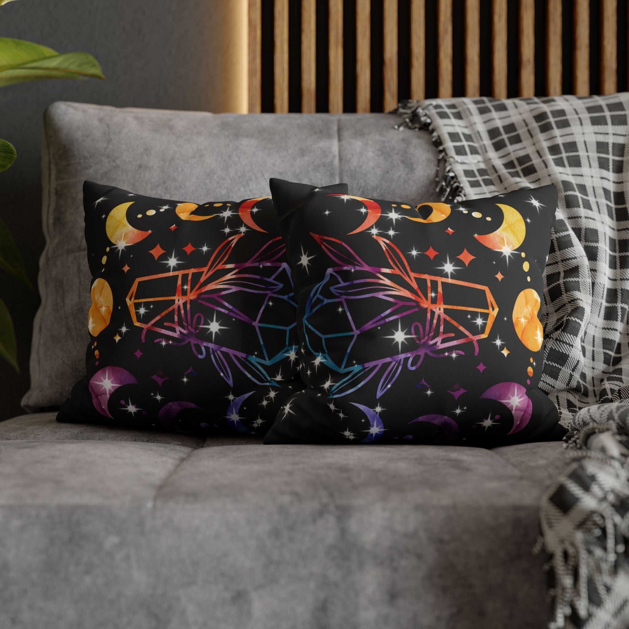 Rainbow Crystal Celestial Throw Pillow — Witchy Gothic Dark Home Decor