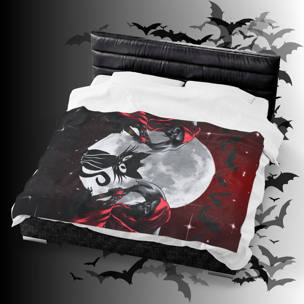 Gothic Black Cat Grim Reaper Throw Blanket — Moonlit Dark Home Decor