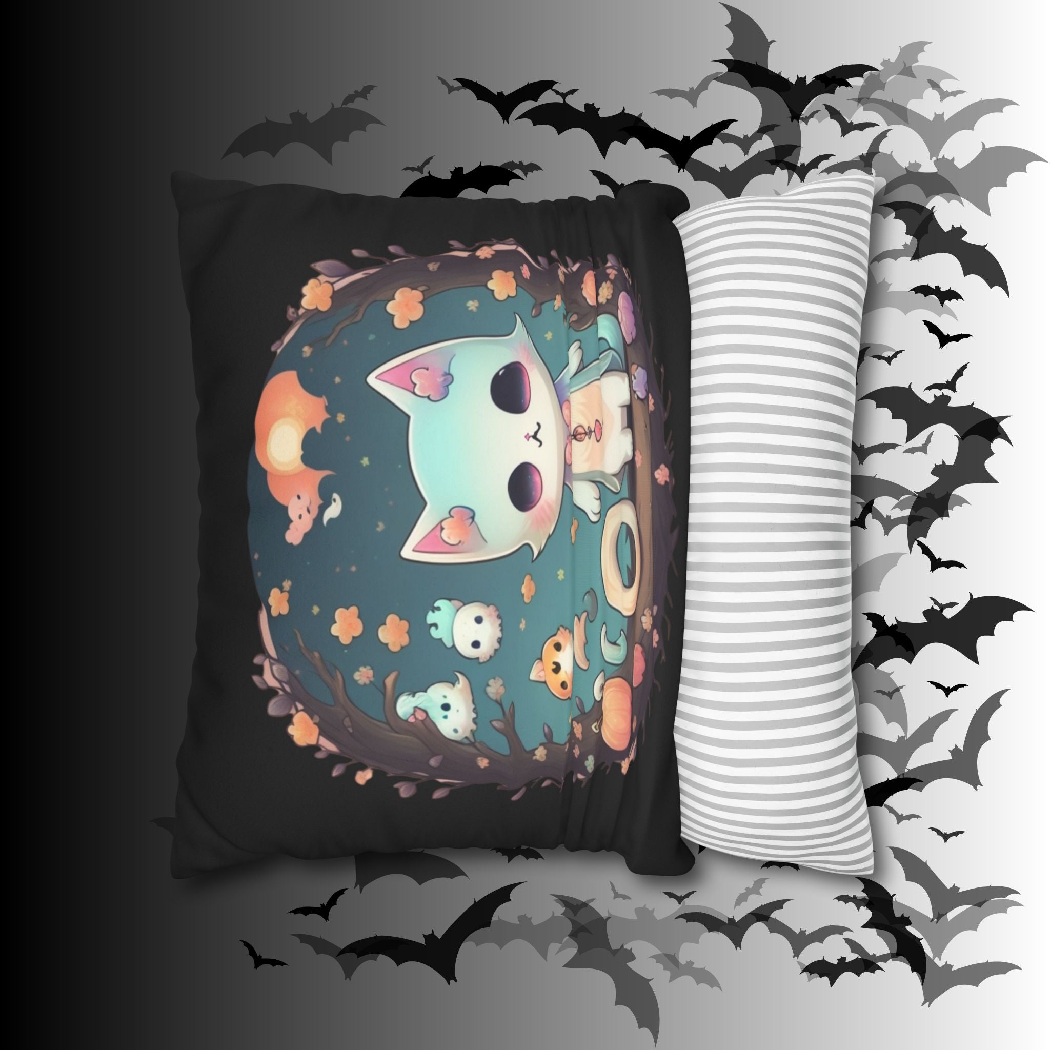 Creepy Cute Pastel Goth Cat Throw Pillow — Kawaii Halloween Dark Home Decor