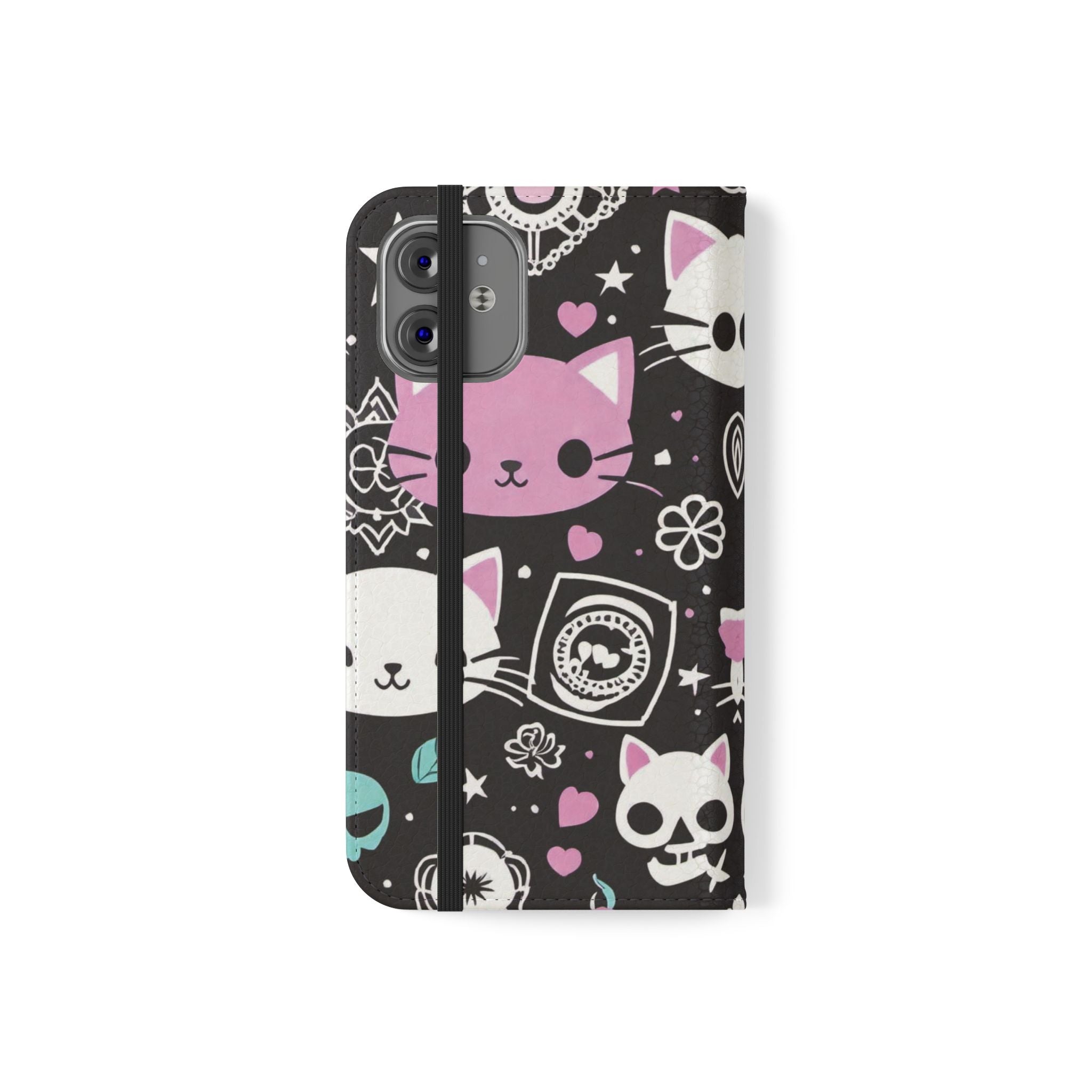 Pastel Goth Cat Flip Wallet Phone Case - Goth Cat Wallet Case for Samsung iPhone - Gothic Style Cats Wallet Phone Cases