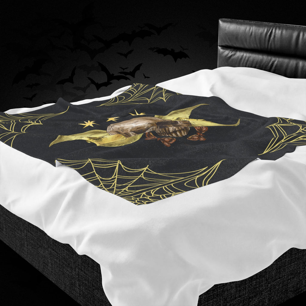 Gothic Gold Moon Skull Throw Blanket — Moonlit Halloween Home Decor