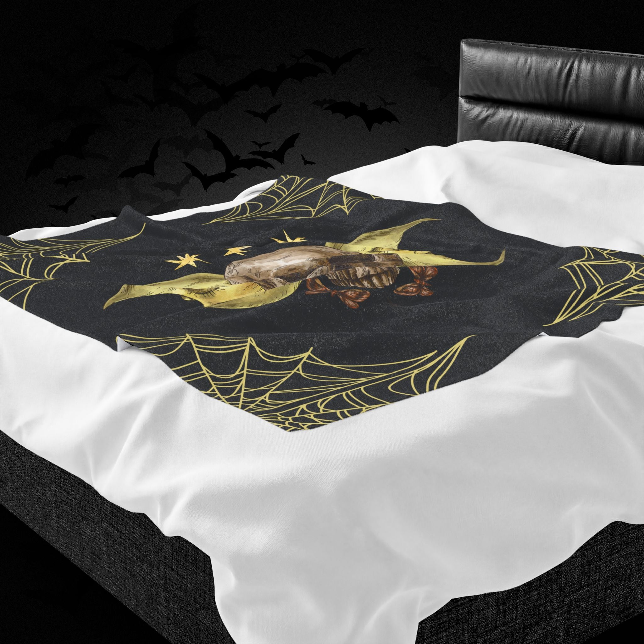 Gothic Gold Moon Skull Throw Blanket — Moonlit Halloween Home Decor