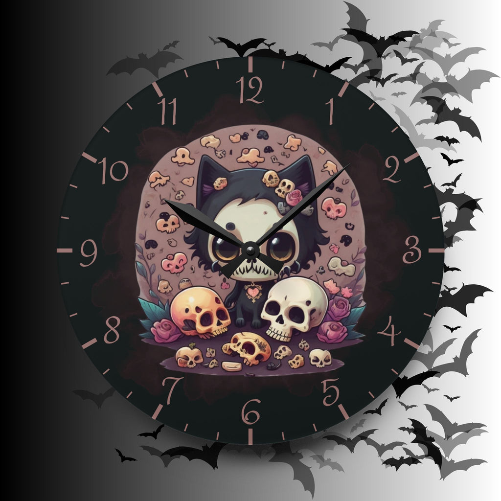 Skull Face Goth Cat Wall Clock — Pastel Goth Acrylic Art Print Home Decor