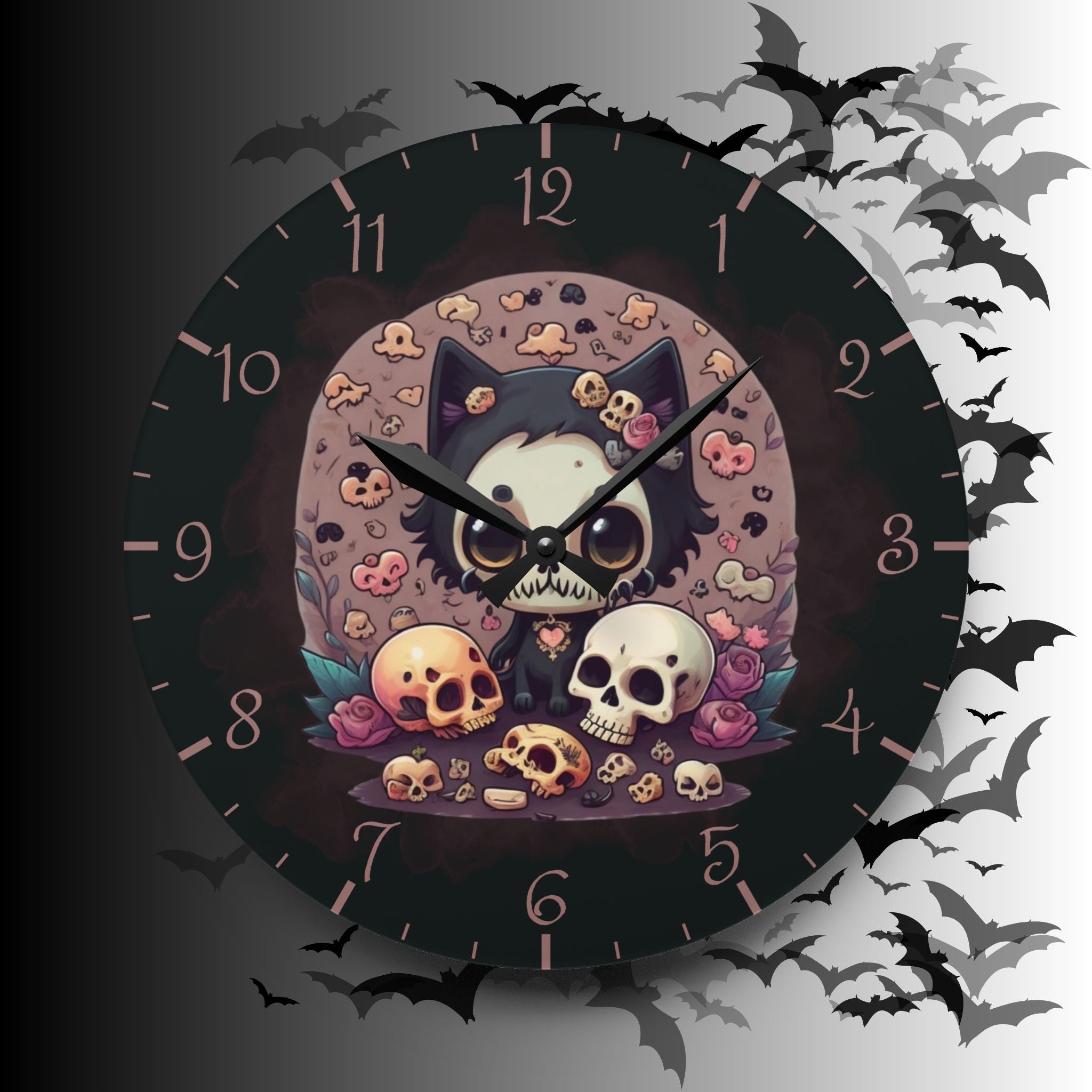 Skull Face Goth Cat Wall Clock — Pastel Goth Acrylic Art Print Home Decor