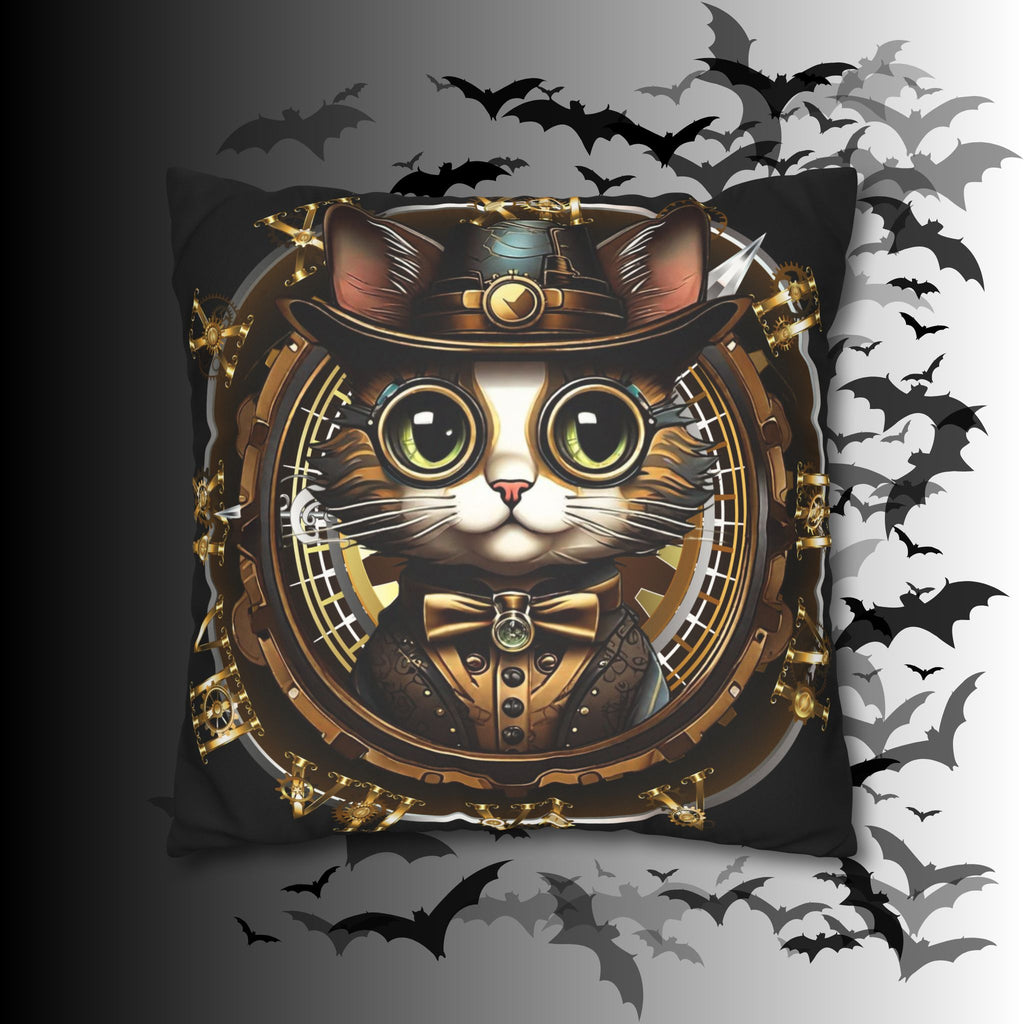 Steampunk Cat Throw Pillow — Vintage Industrial Gothic Home Decor