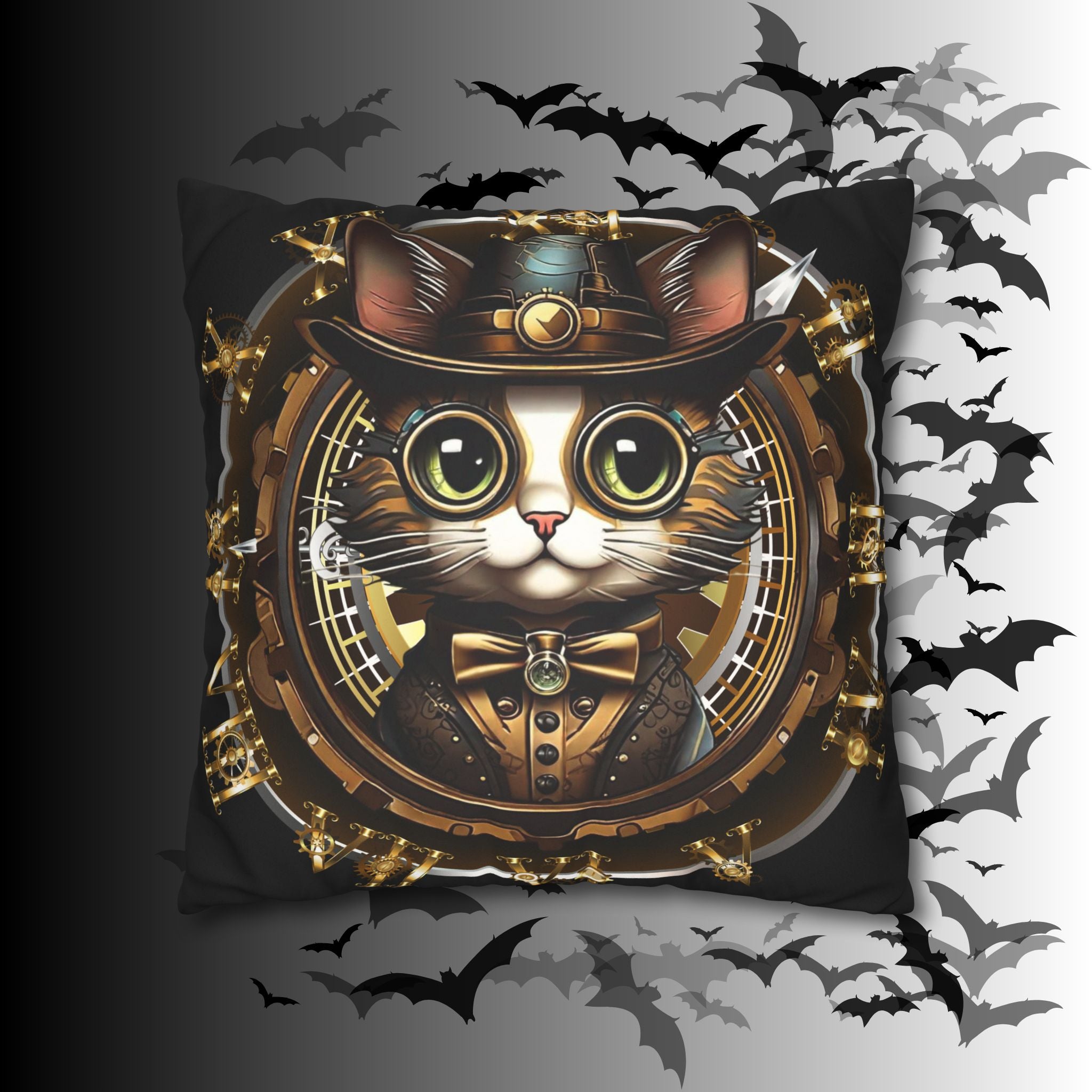 Steampunk Cat Throw Pillow — Vintage Industrial Gothic Home Decor