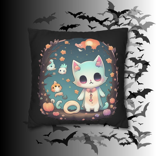 Creepy Cute Pastel Goth Cat Throw Pillow — Kawaii Halloween Dark Home Decor