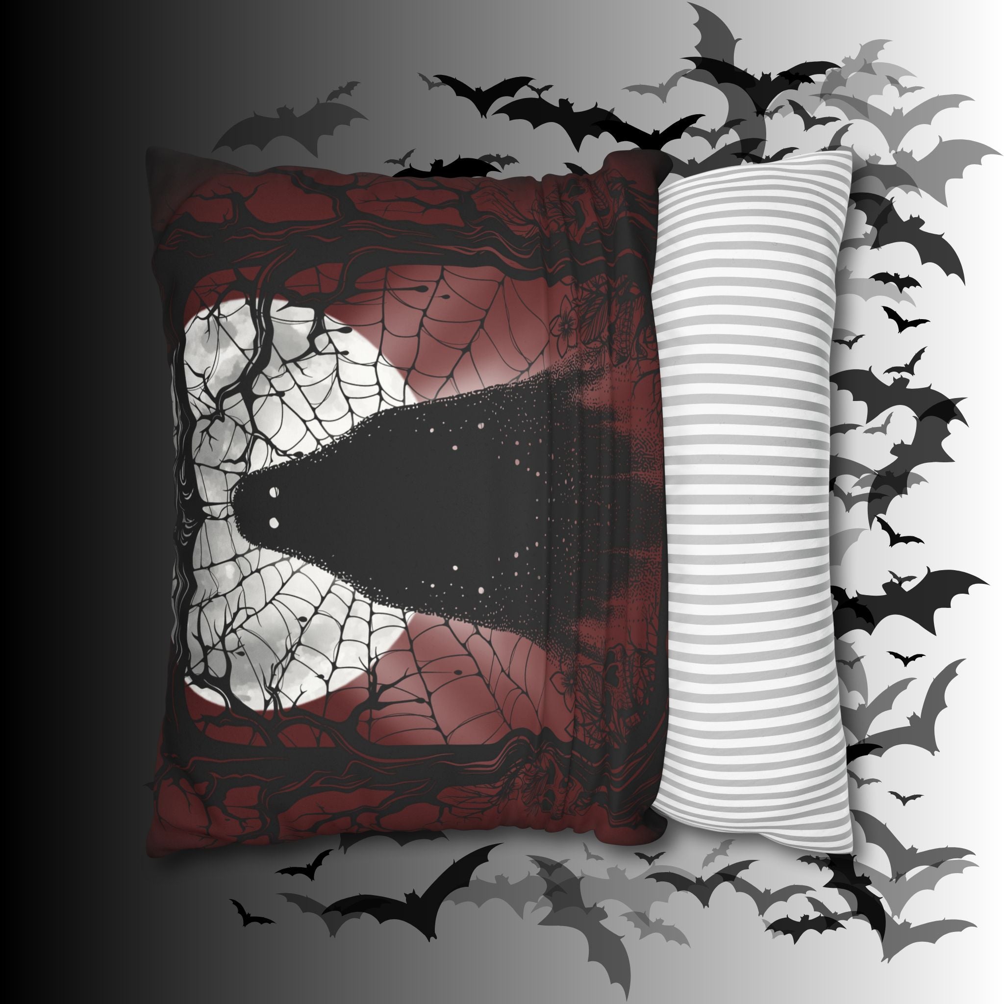 Gothic Ghost Cobweb Moon Throw Pillow — Spooky Halloween Dark Home Decor