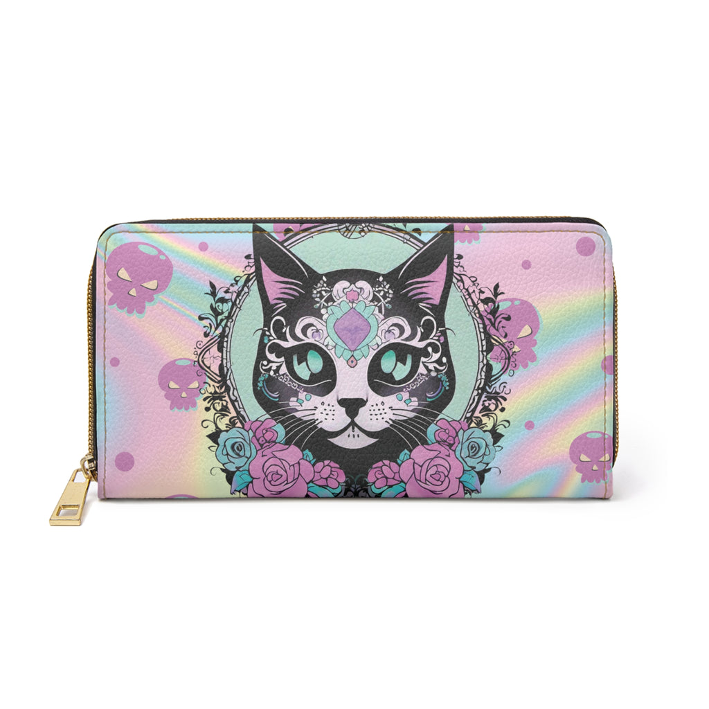 Pastel Goth Sugar Skull Cat Wallet | Rainbow Holographic Faux Leather Zipper Clutch