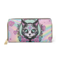 Pastel Goth Sugar Skull Cat Wallet | Rainbow Holographic Faux Leather Zipper Clutch