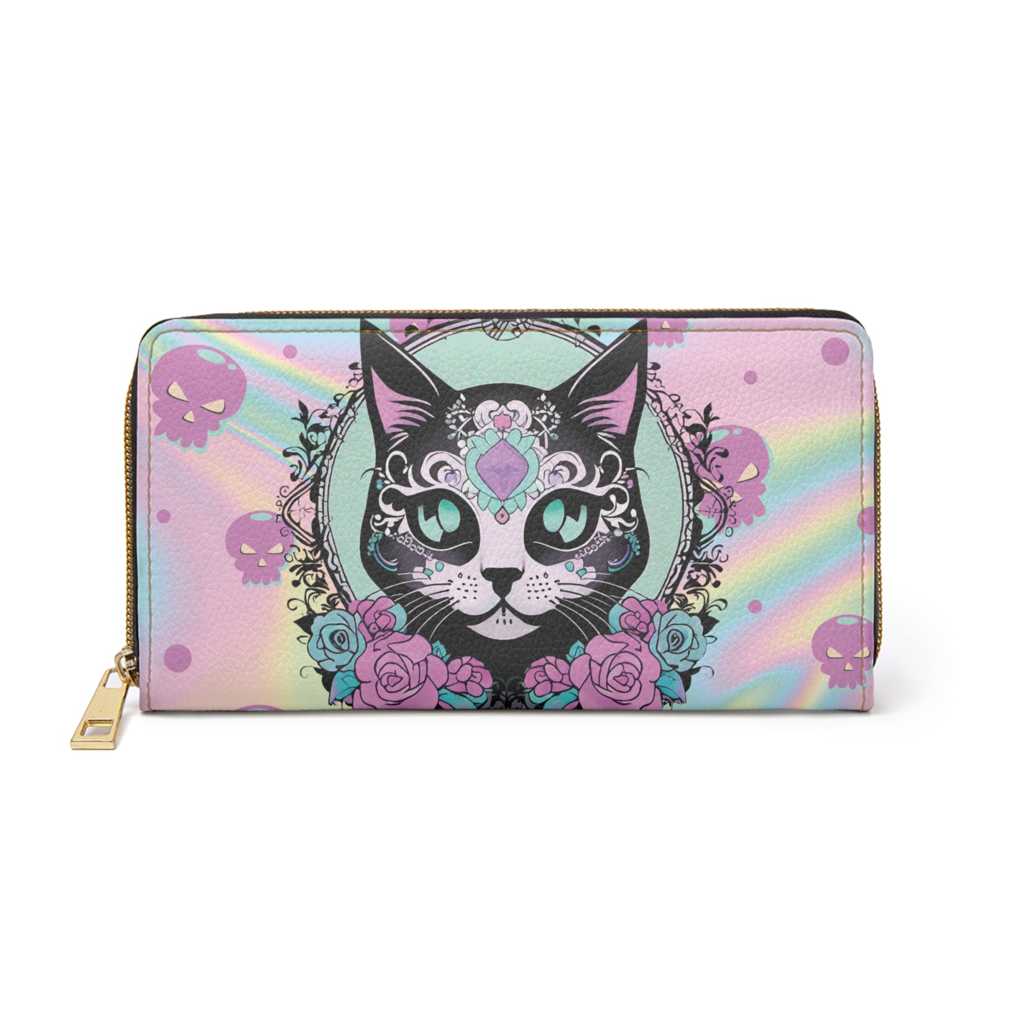 Pastel Goth Sugar Skull Cat Wallet | Rainbow Holographic Faux Leather Zipper Clutch