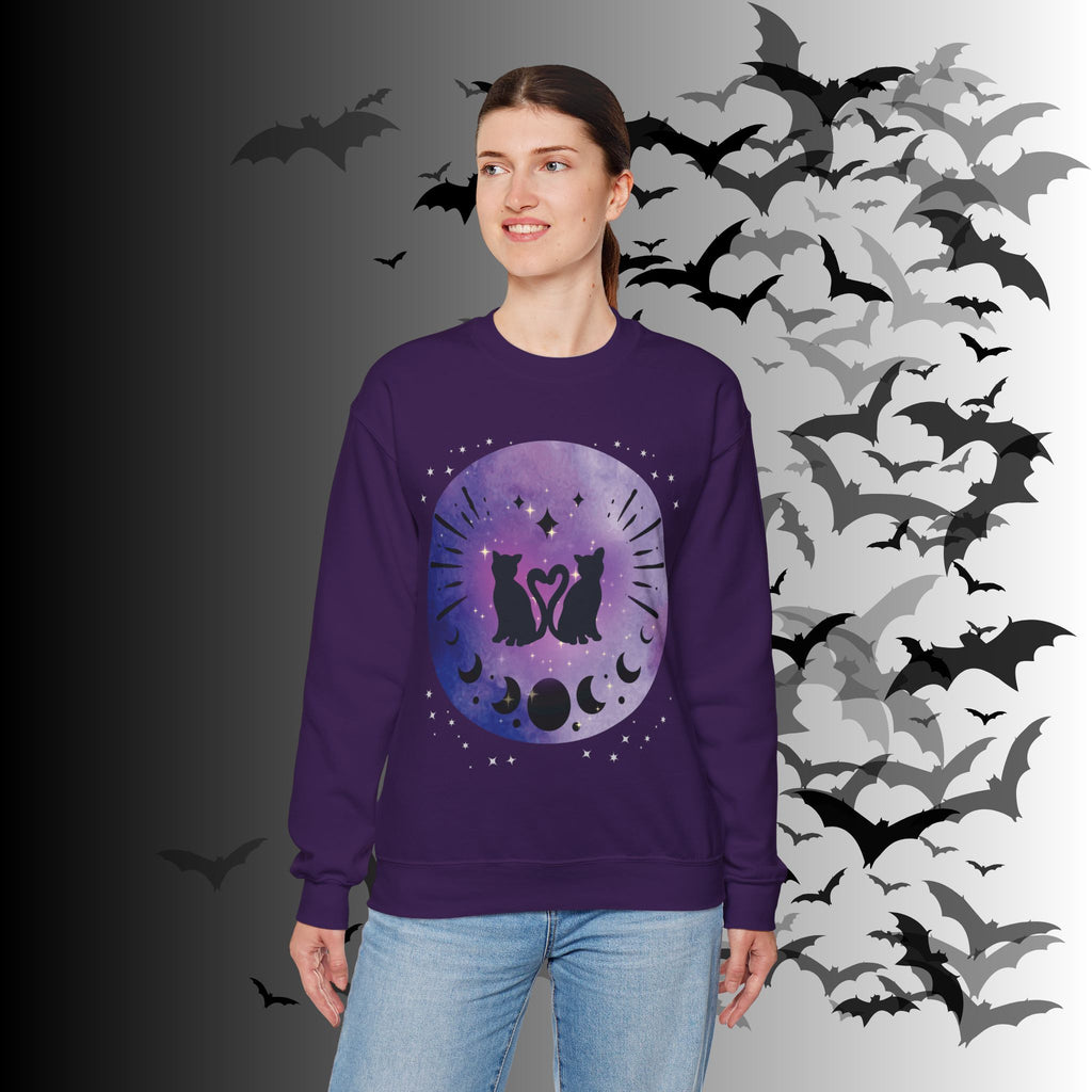 Celestial Twin Cats Heart Moon Crewneck Sweatshirt — Witchy Moon Phase