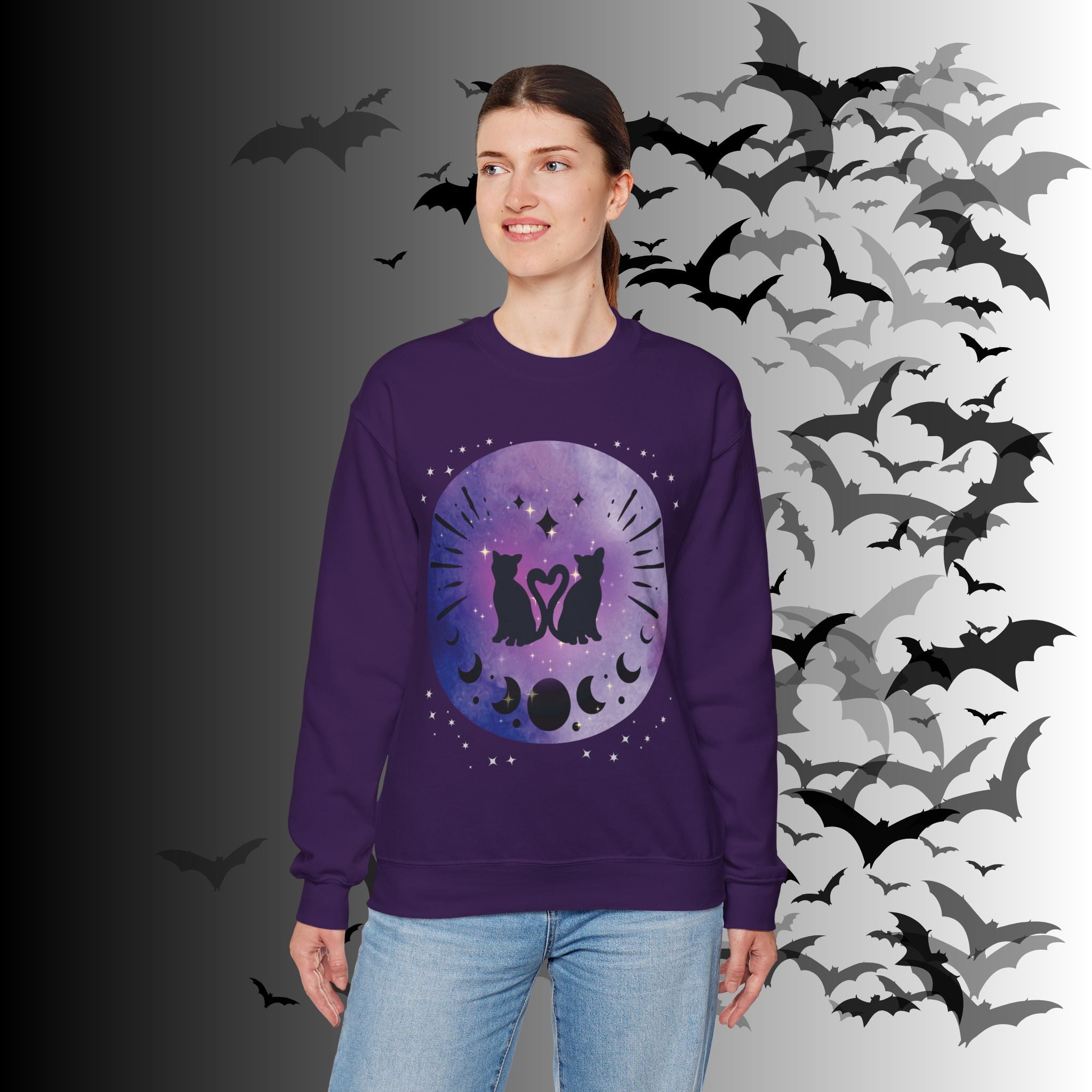 Celestial Twin Cats Heart Moon Crewneck Sweatshirt — Witchy Moon Phase