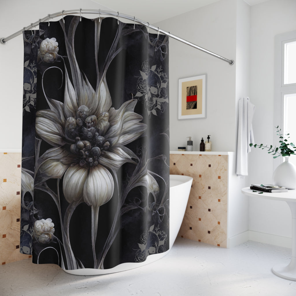 Gothic Botanical Skull Shower Curtain — Dark Floral Bathroom Decor