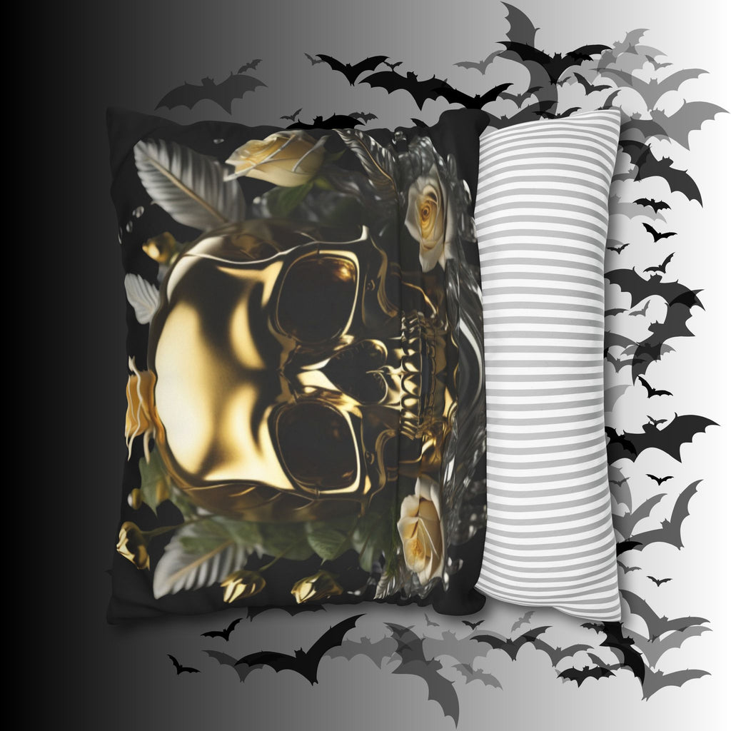 Gold Skull Botanical Throw Pillow — Dark Floral Gothic Home Decor