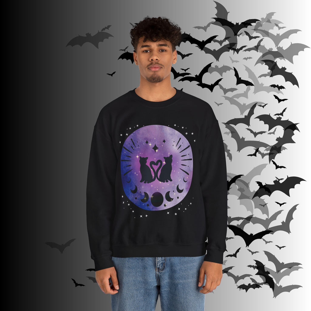 Celestial Twin Cats Heart Moon Crewneck Sweatshirt — Witchy Moon Phase