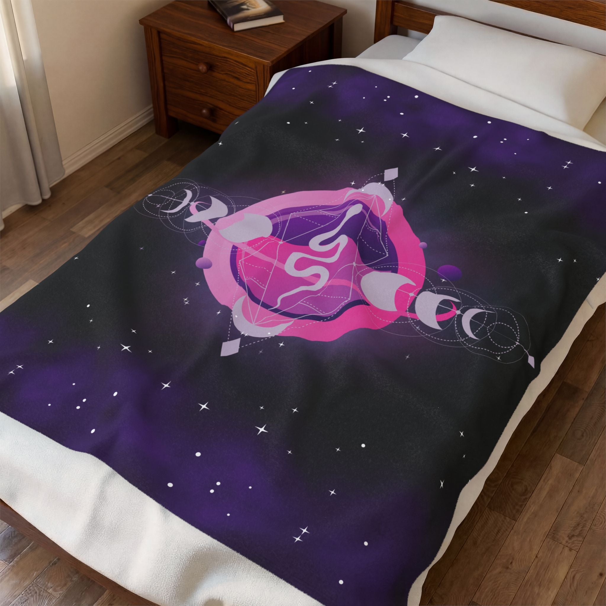 Pastel Goth Celestial Snake Moon Phase Throw Blanket — Pink & Purple Witchy Decor