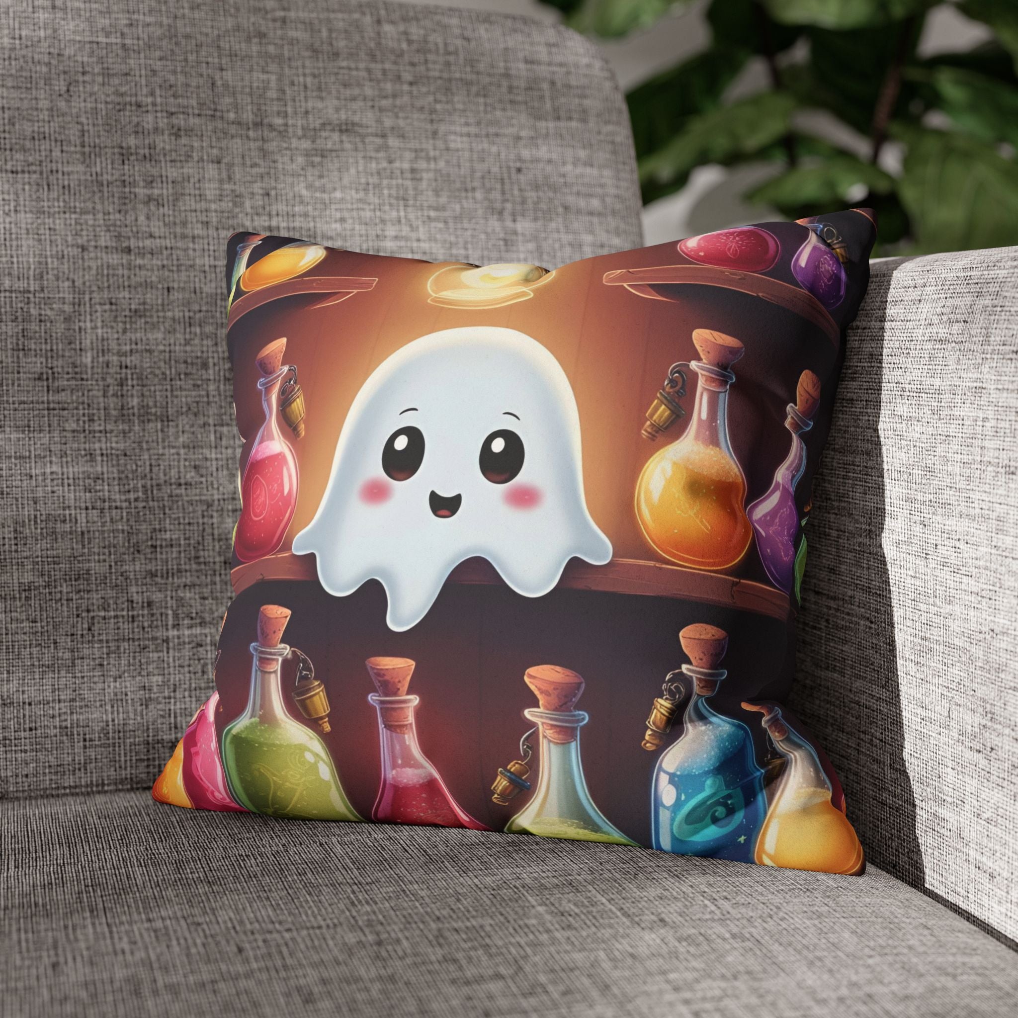 Apothecary Ghost Throw Pillow — Whimsigoth Potion Shelf Dark Home Decor
