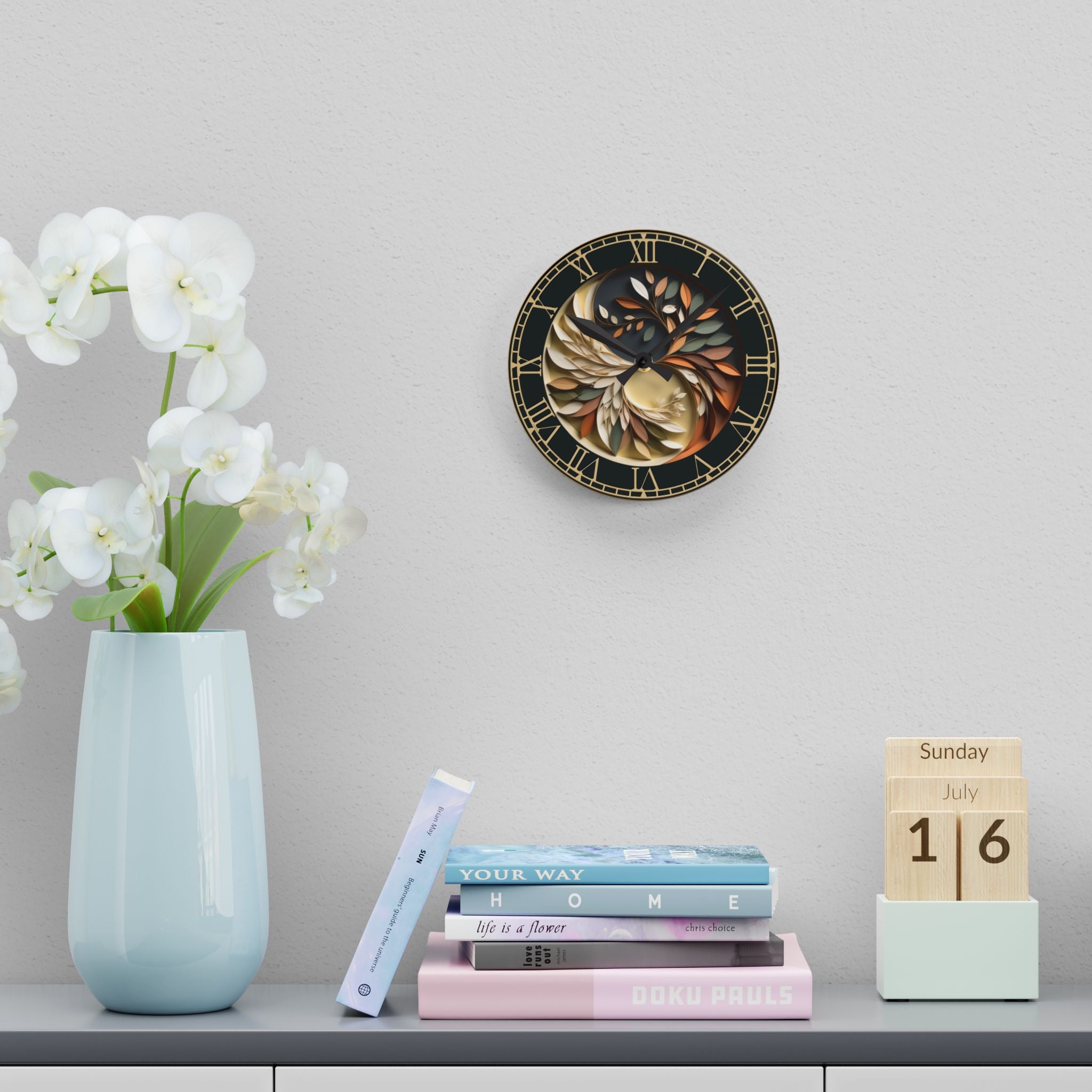 Origami Style Yin Yang Botanical Acrylic Art Print Wall Clock — NOT Real Origami, Zen Home Decor