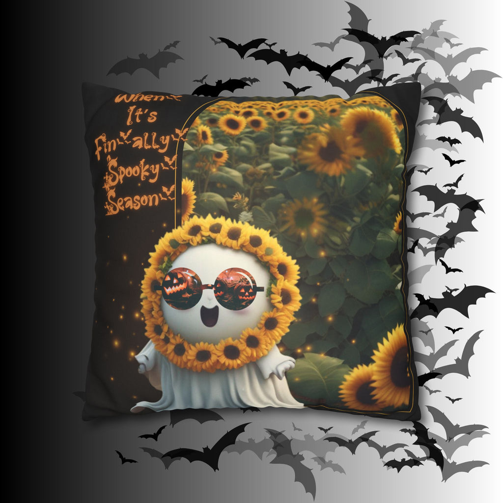 Spooky Season Ghost Sunflower Throw Pillow — Halloween Dark Home Decor