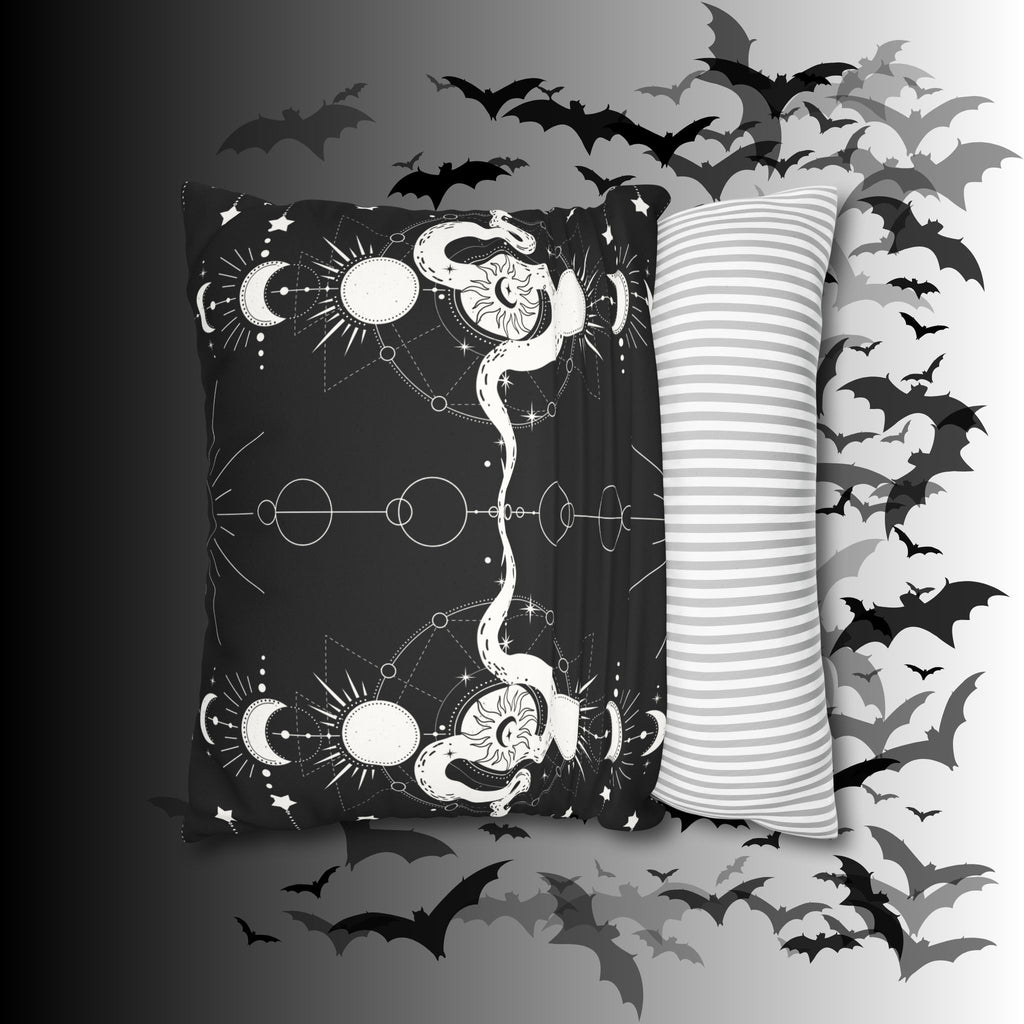 Celestial Snake Moon Phases Throw Pillow — Witchy Gothic Dark Home Decor