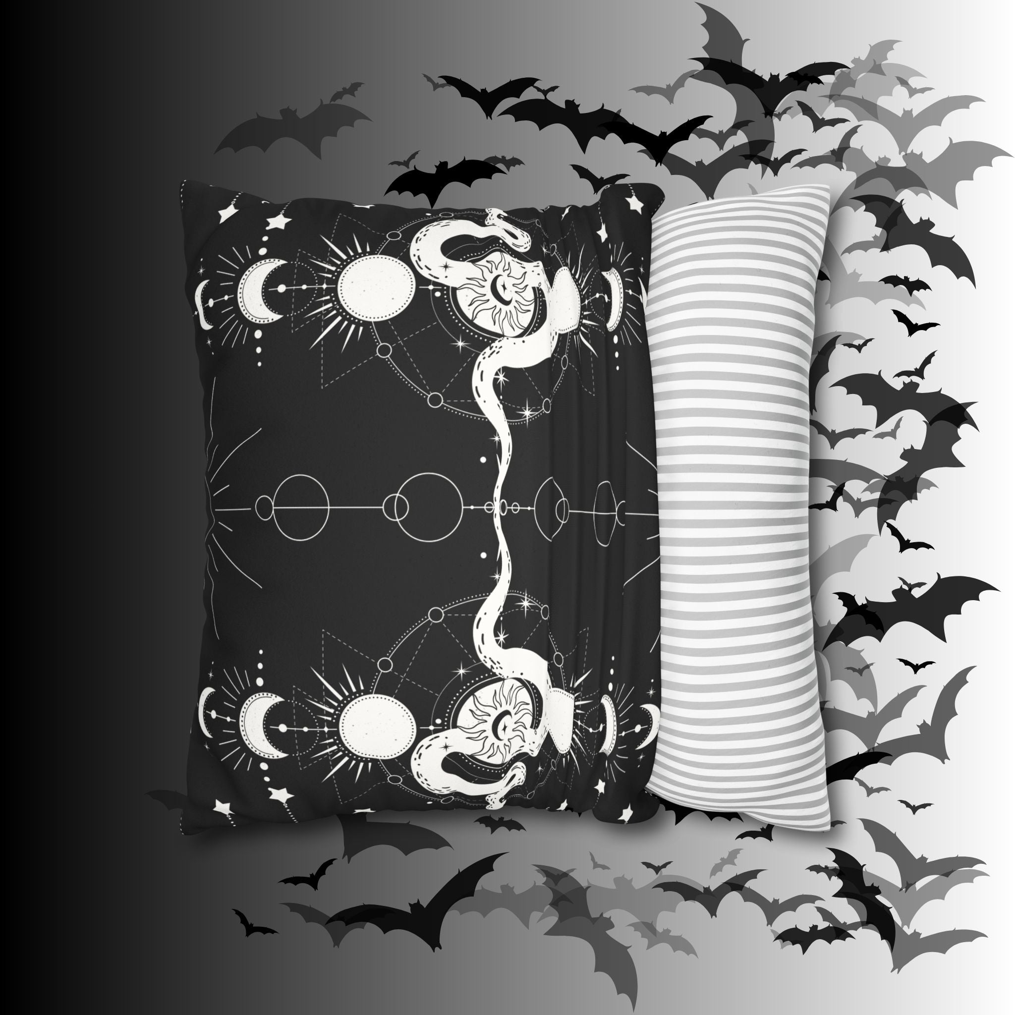 Celestial Snake Moon Phases Throw Pillow — Witchy Gothic Dark Home Decor