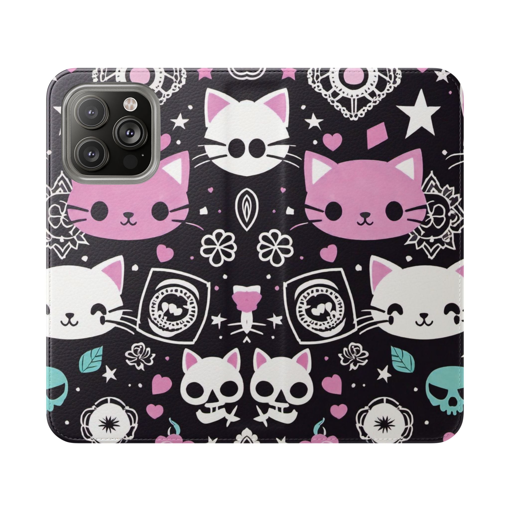 Pastel Goth Cat Flip Wallet Phone Case - Goth Cat Wallet Case for Samsung iPhone - Gothic Style Cats Wallet Phone Cases