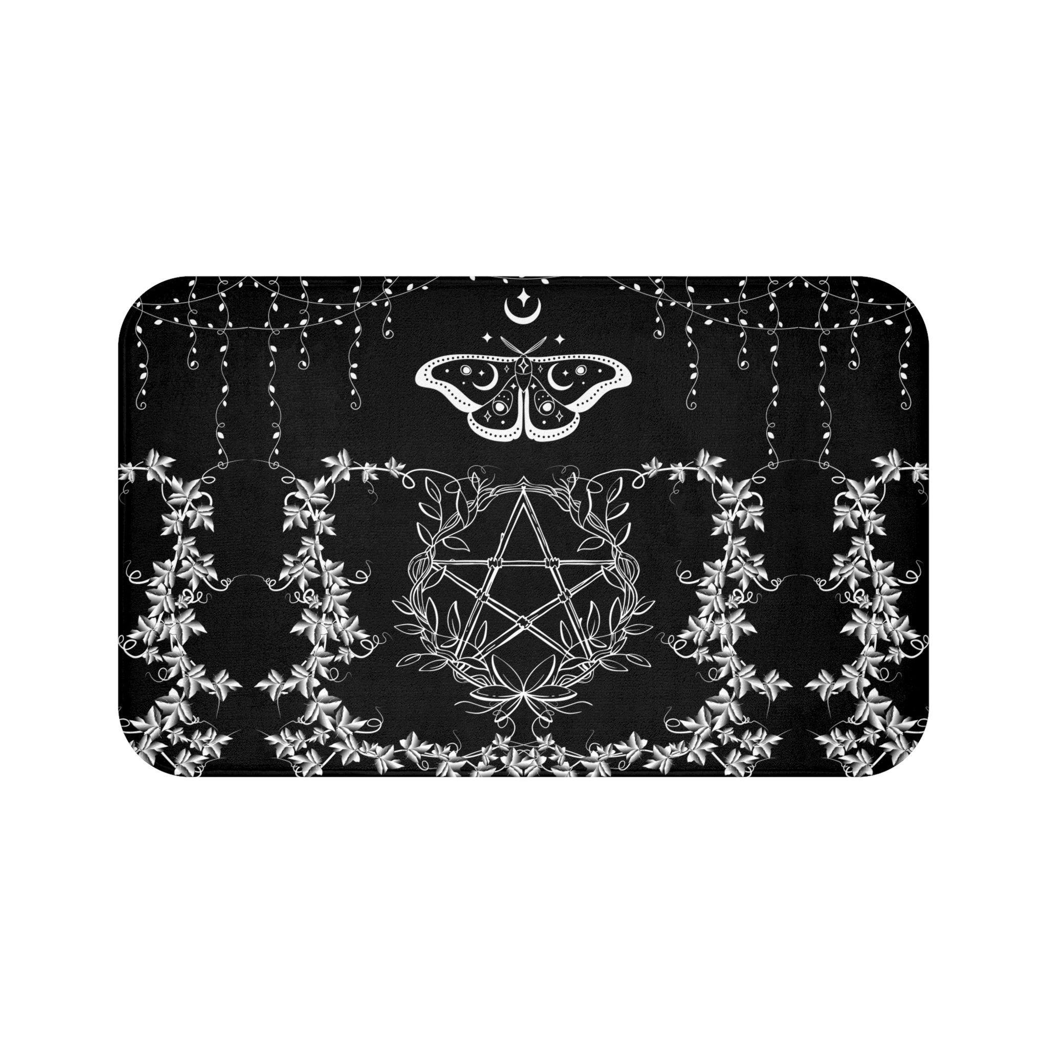 Gothic Pentagram Luna Moth Bath Mat — Witchy Floral Bathroom Decor