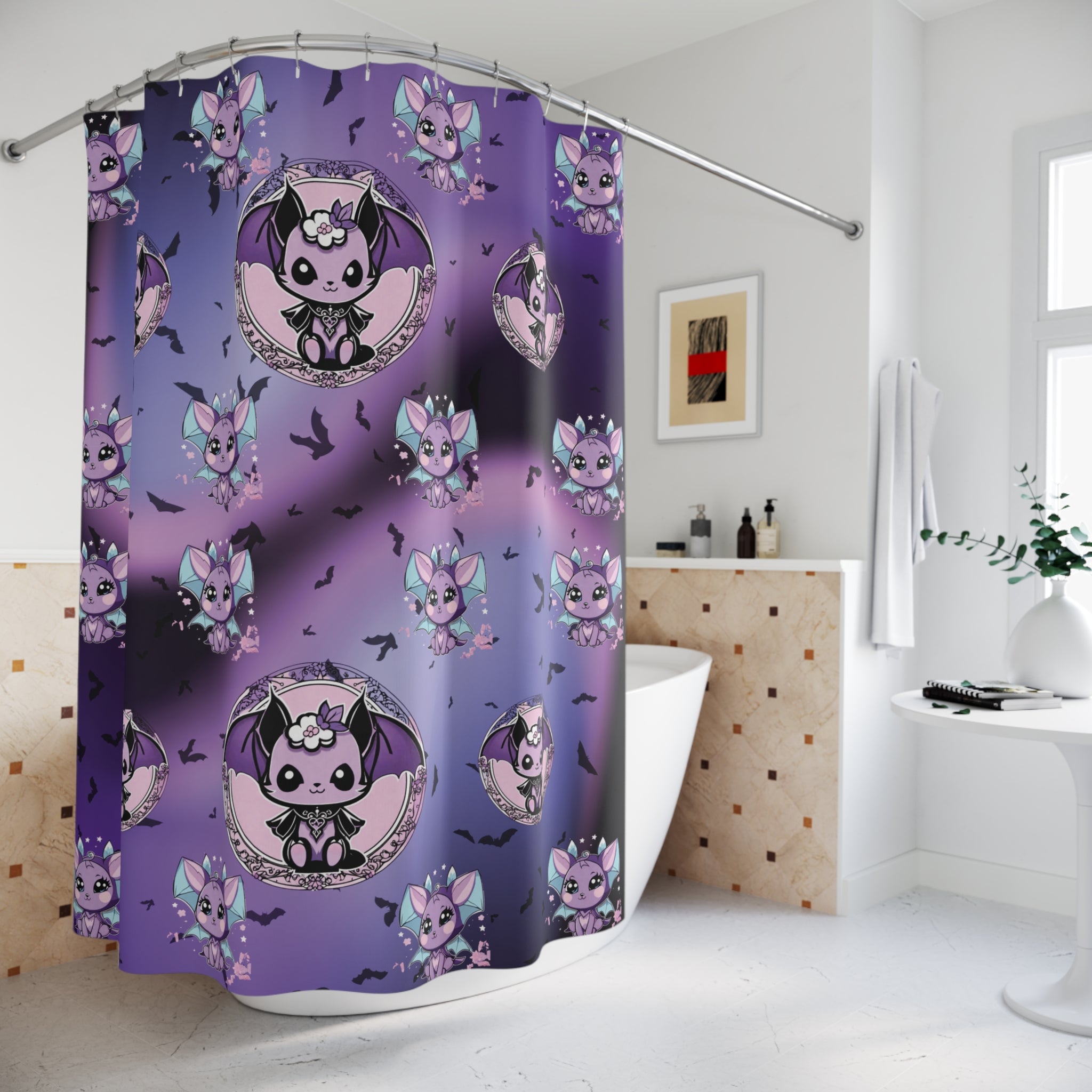 Pastel Goth Bat Shower Curtain — Kawaii Vampire Bat Purple Bathroom Decor